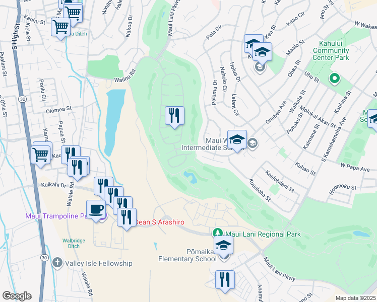 map of restaurants, bars, coffee shops, grocery stores, and more near 29 Kamaiki Circle in Kahului