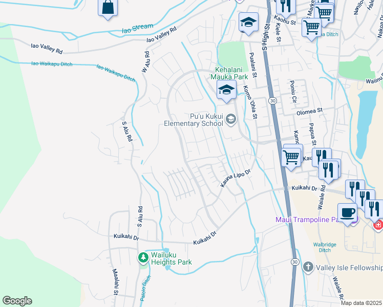 map of restaurants, bars, coffee shops, grocery stores, and more near 215 Laau Loke Loop in Wailuku