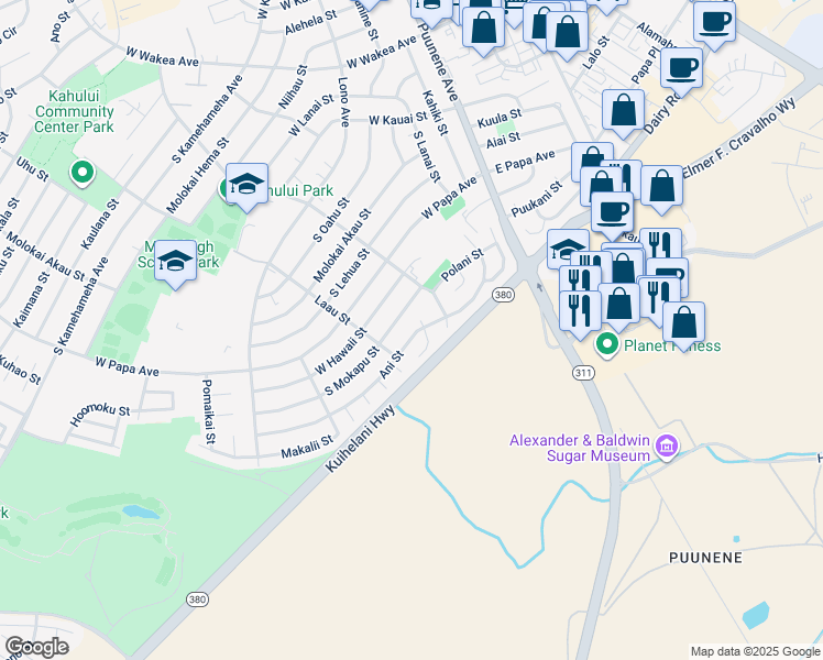 map of restaurants, bars, coffee shops, grocery stores, and more near 190 Ani Street in Kahului