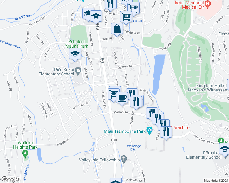 map of restaurants, bars, coffee shops, grocery stores, and more near 34 Palekaiko Place in Wailuku