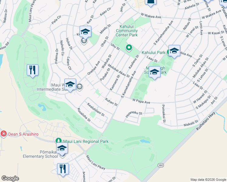 map of restaurants, bars, coffee shops, grocery stores, and more near 611 South Papa Avenue in Kahului