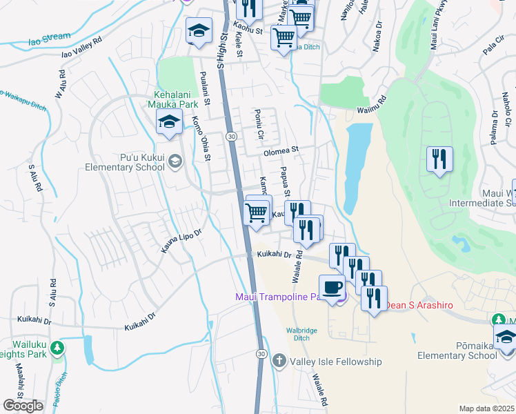 map of restaurants, bars, coffee shops, grocery stores, and more near 34 Palekaiko Place in Wailuku