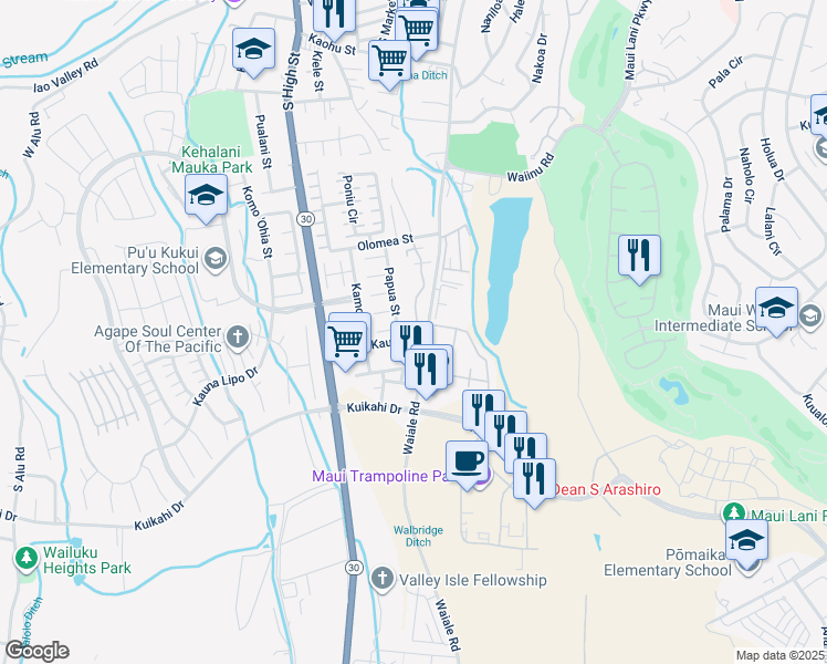 map of restaurants, bars, coffee shops, grocery stores, and more near 688 Meakanu Lane in Wailuku