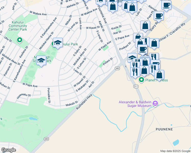 map of restaurants, bars, coffee shops, grocery stores, and more near 190 Ani Street in Kahului