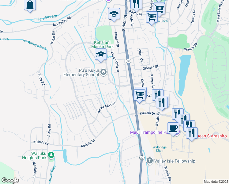map of restaurants, bars, coffee shops, grocery stores, and more near 11 Kaalea Way in Wailuku