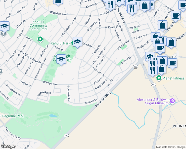 map of restaurants, bars, coffee shops, grocery stores, and more near 311 South Lehua Street in Kahului