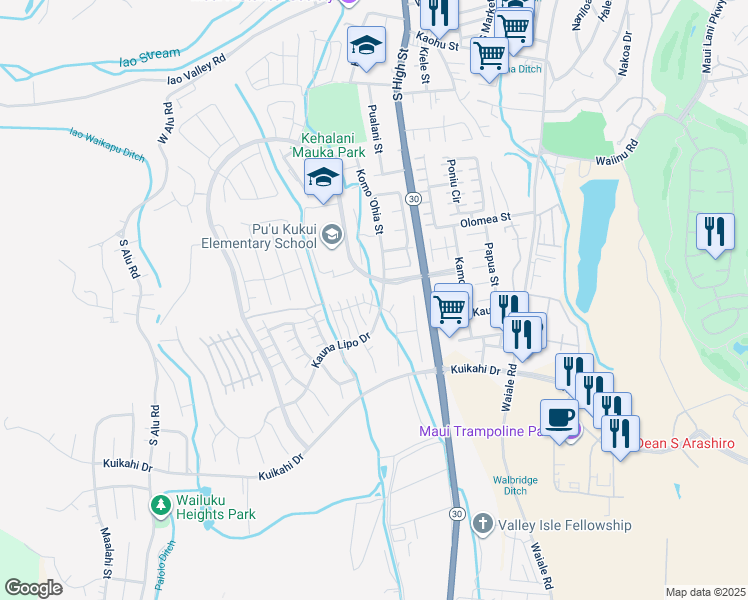 map of restaurants, bars, coffee shops, grocery stores, and more near 11 Kamauhalii Way in Wailuku