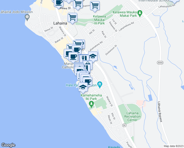 map of restaurants, bars, coffee shops, grocery stores, and more near 966 Front Street in Lahaina