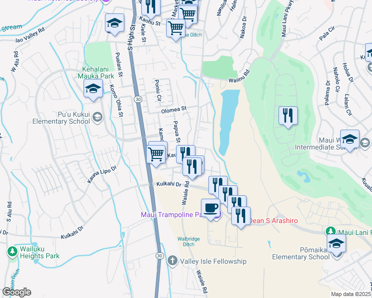 map of restaurants, bars, coffee shops, grocery stores, and more near 631 Meakanu Lane in Wailuku