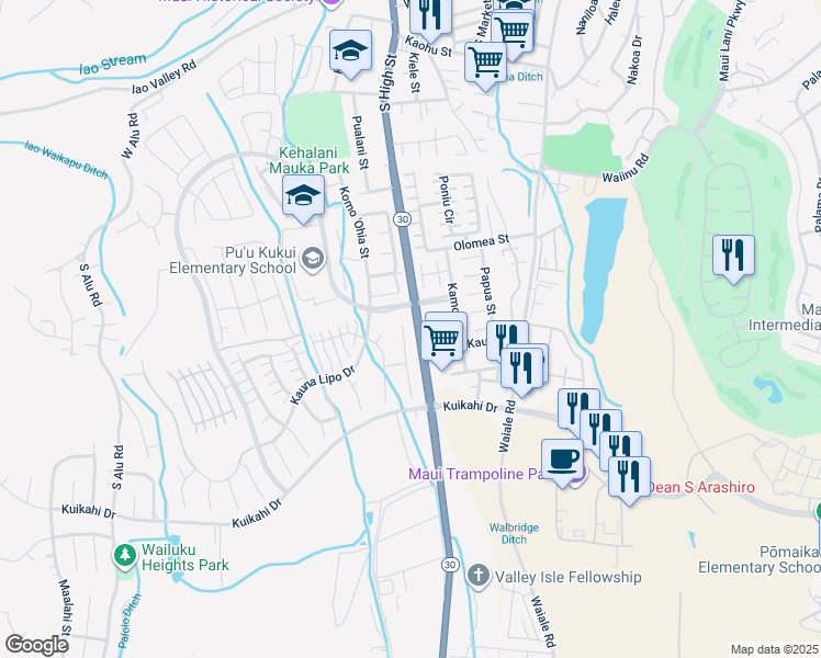 map of restaurants, bars, coffee shops, grocery stores, and more near 21 Hakalani Place in Wailuku