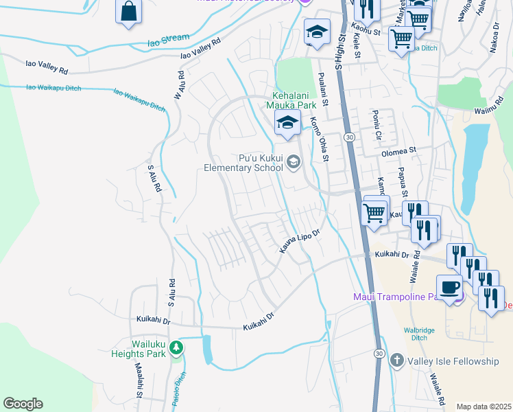 map of restaurants, bars, coffee shops, grocery stores, and more near 22 Palaa Place in Wailuku