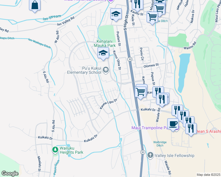 map of restaurants, bars, coffee shops, grocery stores, and more near 13 Iliau Way in Wailuku