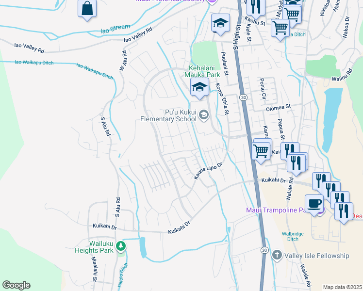 map of restaurants, bars, coffee shops, grocery stores, and more near 158 Maka Hou Loop in Wailuku