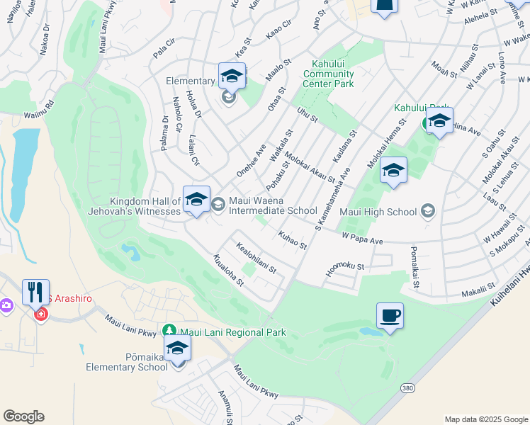 map of restaurants, bars, coffee shops, grocery stores, and more near 651 Pona Way in Kahului