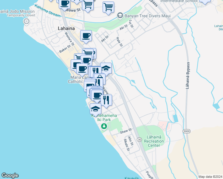 map of restaurants, bars, coffee shops, grocery stores, and more near 660 Waine'e Street in Lahaina