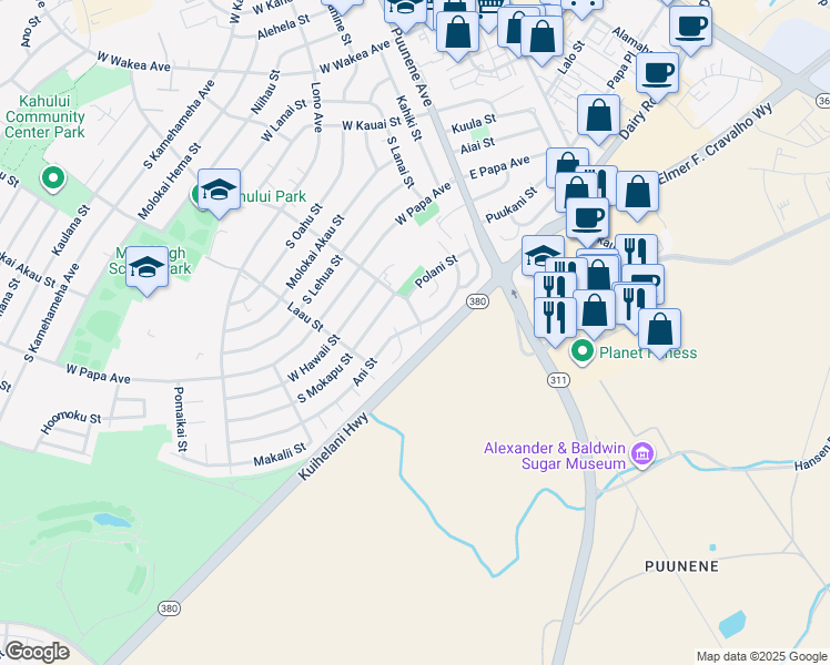map of restaurants, bars, coffee shops, grocery stores, and more near 708 Hina Place in Kahului