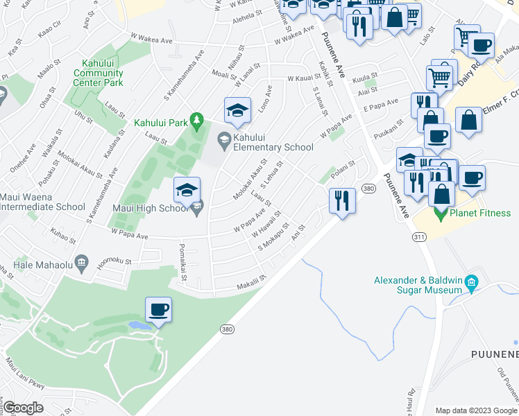 map of restaurants, bars, coffee shops, grocery stores, and more near 290 West Papa Avenue in Kahului