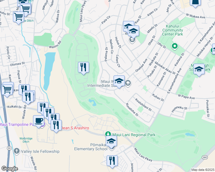 map of restaurants, bars, coffee shops, grocery stores, and more near 325 Puumakani Street in Kahului