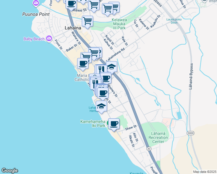 map of restaurants, bars, coffee shops, grocery stores, and more near 687 Waine'e Street in Lahaina