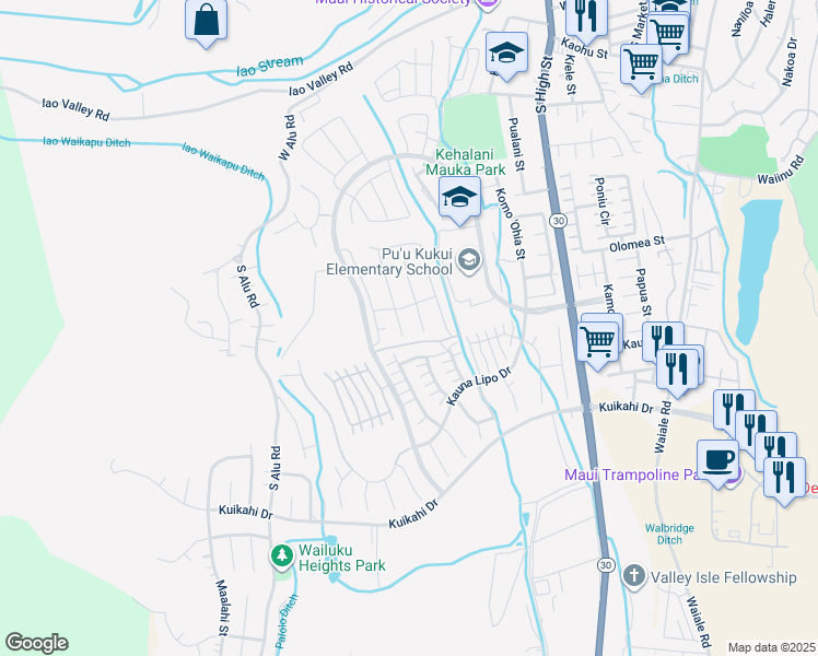 map of restaurants, bars, coffee shops, grocery stores, and more near 35 Palaa Place in Wailuku