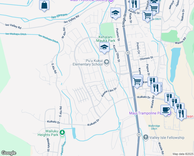 map of restaurants, bars, coffee shops, grocery stores, and more near 131 Nanu Place in Wailuku