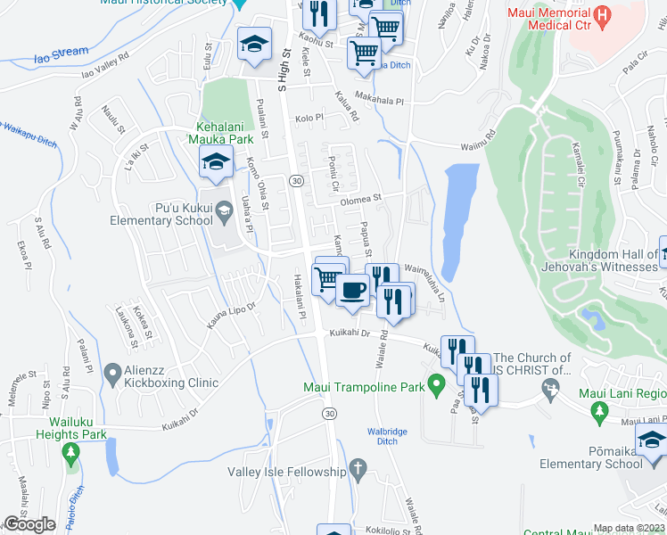 map of restaurants, bars, coffee shops, grocery stores, and more near 1959 Ui Ui Mau Street in Wailuku