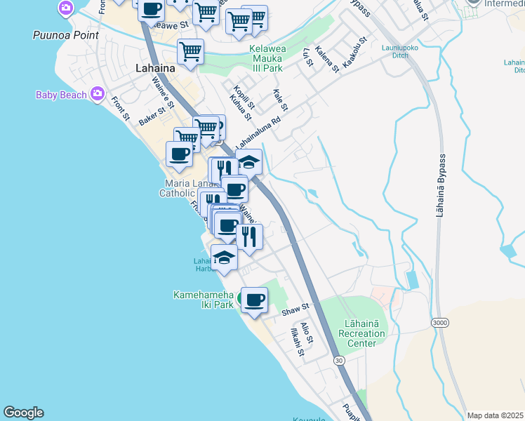 map of restaurants, bars, coffee shops, grocery stores, and more near 660 Wainee Street in Lahaina