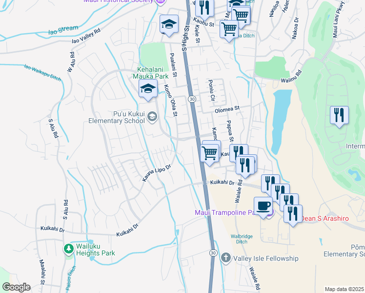 map of restaurants, bars, coffee shops, grocery stores, and more near 19 Nanakula Place in Wailuku