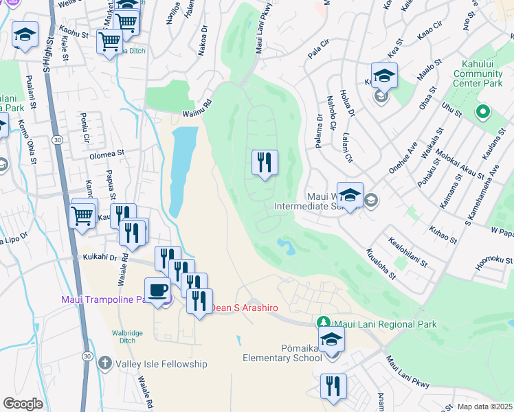 map of restaurants, bars, coffee shops, grocery stores, and more near 259 Kamalei Circle in Kahului