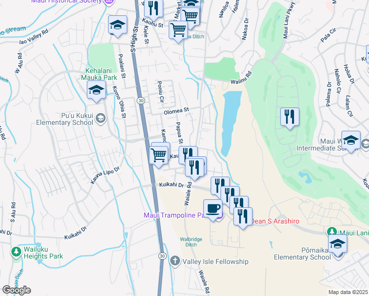map of restaurants, bars, coffee shops, grocery stores, and more near 757 Papua Street in Wailuku