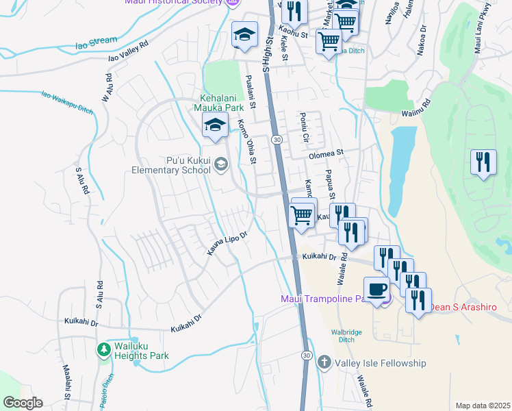map of restaurants, bars, coffee shops, grocery stores, and more near 0 Kauna Lipo Drive in Wailuku