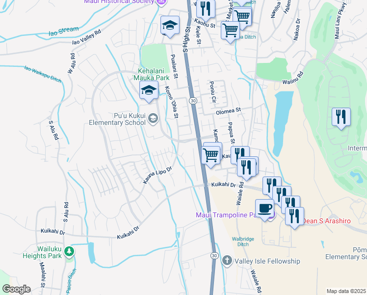 map of restaurants, bars, coffee shops, grocery stores, and more near 19 Nanakula Place in Wailuku