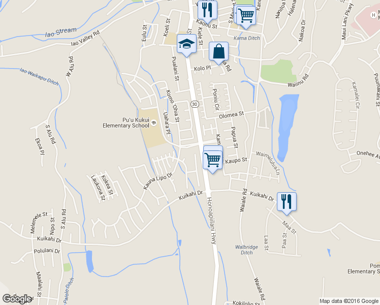 map of restaurants, bars, coffee shops, grocery stores, and more near 12 Hakalani Place in Wailuku