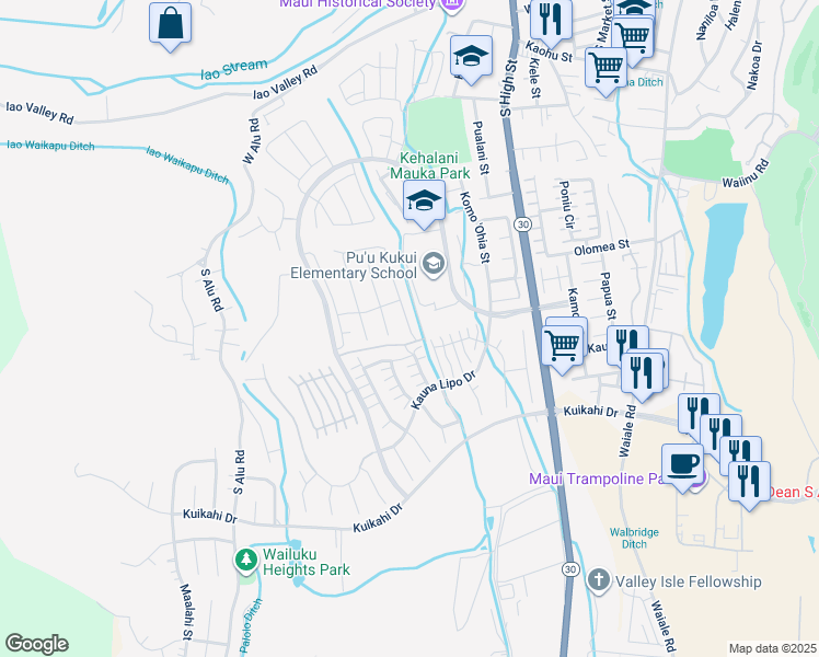 map of restaurants, bars, coffee shops, grocery stores, and more near 361 Laniuma Place in Wailuku