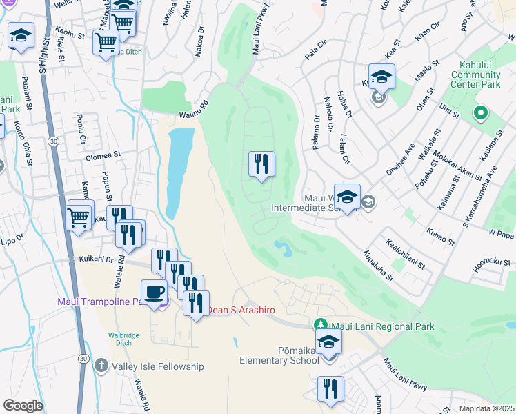 map of restaurants, bars, coffee shops, grocery stores, and more near 251 Kamalei Circle in Kahului