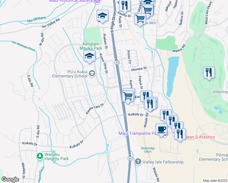 map of restaurants, bars, coffee shops, grocery stores, and more near 12 Hakalani Place in Wailuku