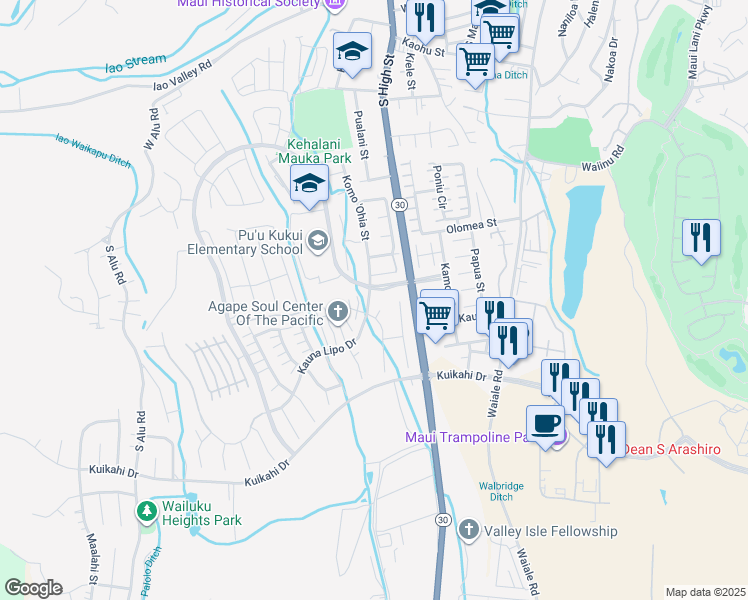 map of restaurants, bars, coffee shops, grocery stores, and more near 15 Nanakula Place in Wailuku