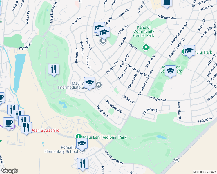 map of restaurants, bars, coffee shops, grocery stores, and more near 692 Kalili Way in Kahului