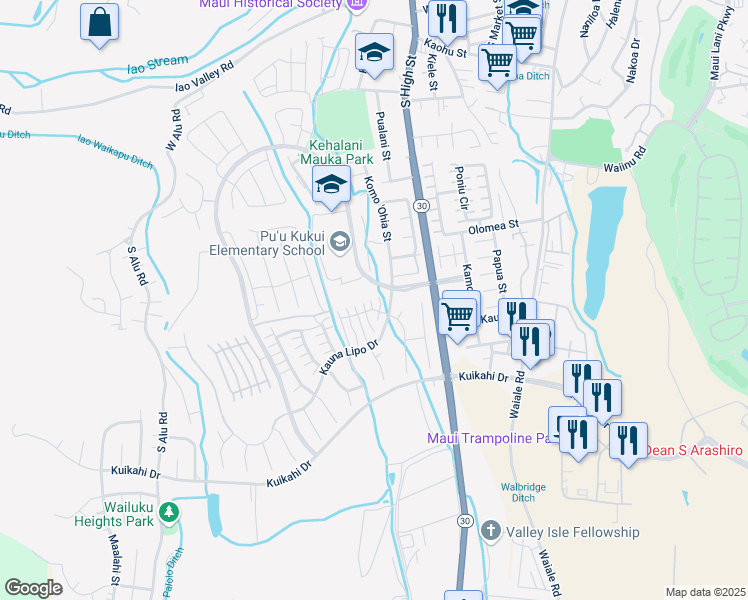 map of restaurants, bars, coffee shops, grocery stores, and more near 7 Kaloapelu Way in Wailuku