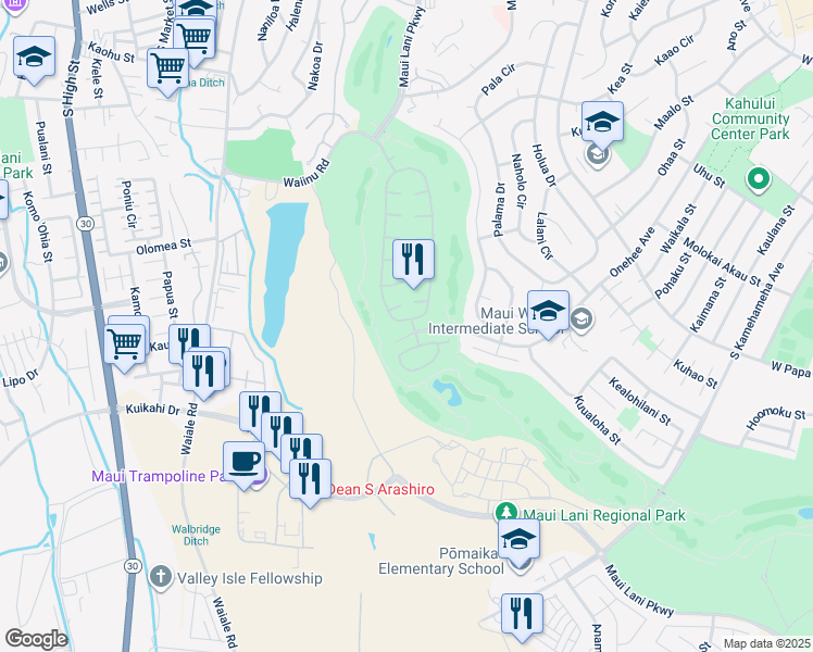 map of restaurants, bars, coffee shops, grocery stores, and more near 251 Kamalei Circle in Kahului