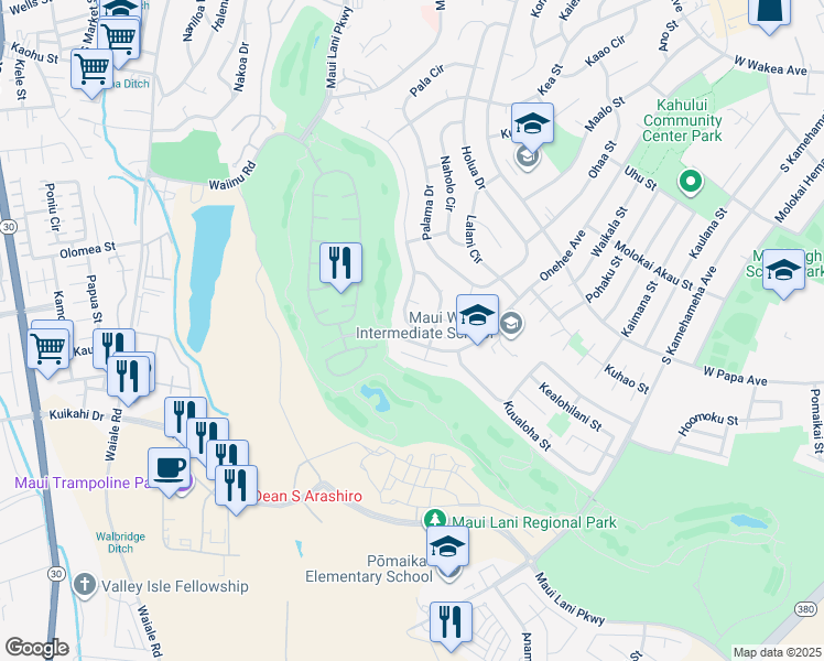 map of restaurants, bars, coffee shops, grocery stores, and more near 264 Puumakani Street in Kahului