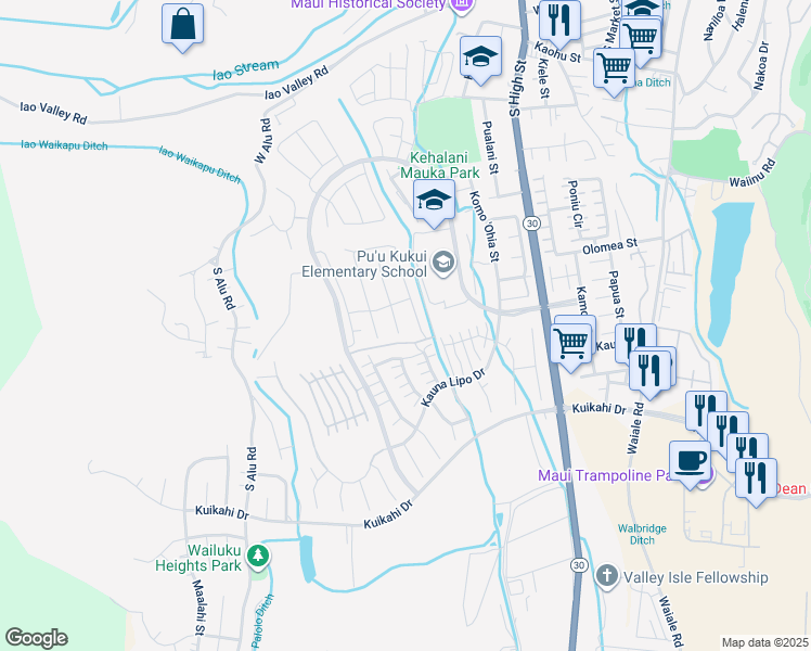 map of restaurants, bars, coffee shops, grocery stores, and more near 131 Nanu Place in Wailuku