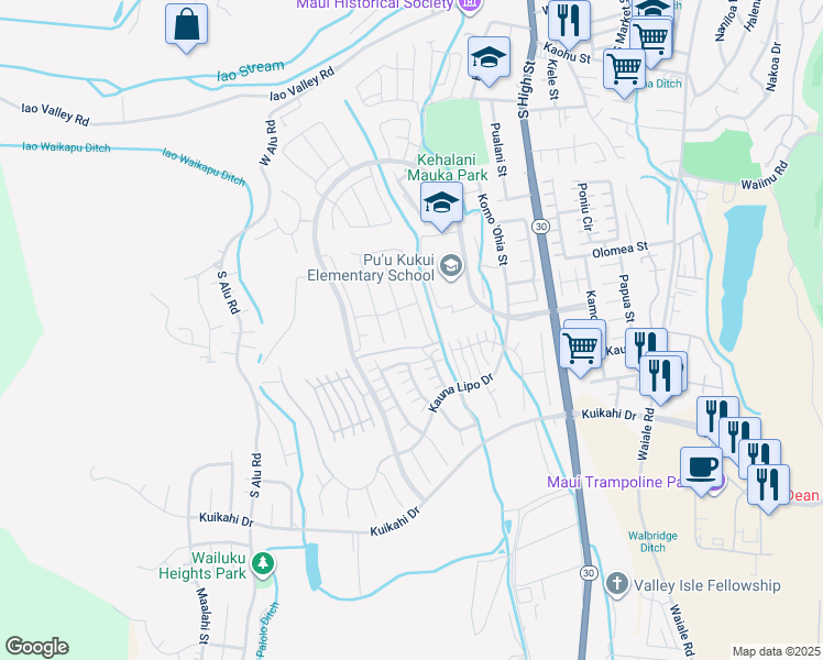 map of restaurants, bars, coffee shops, grocery stores, and more near 158 Maka Hou Loop in Wailuku