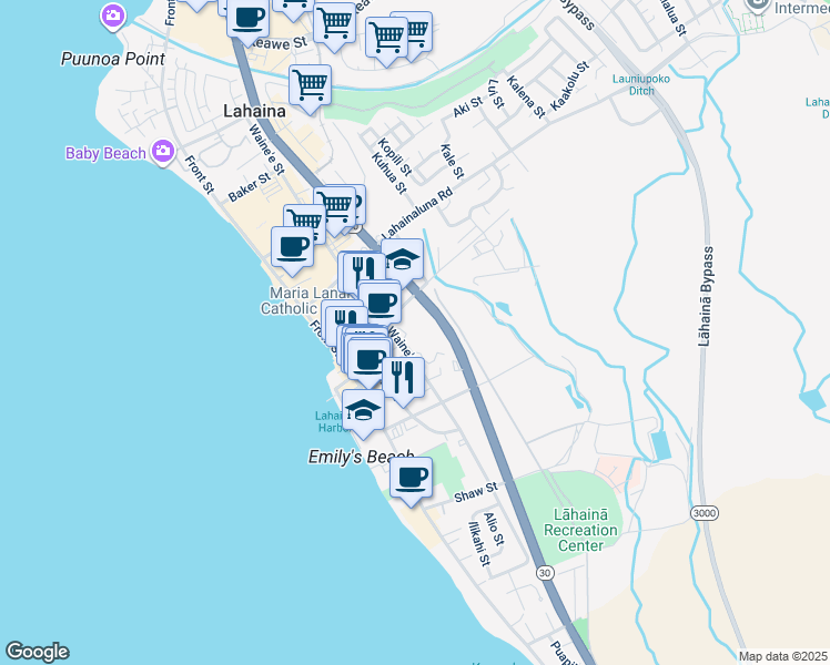map of restaurants, bars, coffee shops, grocery stores, and more near 660 Wainee Street in Lahaina