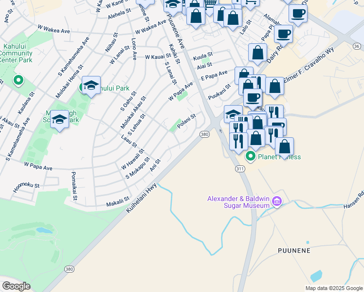 map of restaurants, bars, coffee shops, grocery stores, and more near 705 Hina Place in Kahului