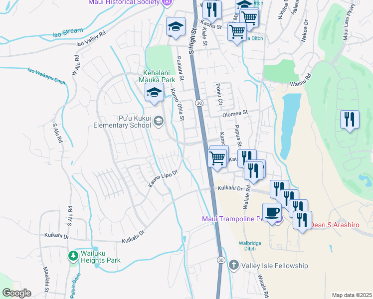 map of restaurants, bars, coffee shops, grocery stores, and more near 15 Nanakula Place in Wailuku