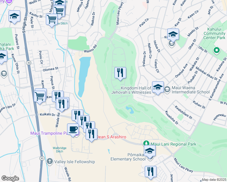 map of restaurants, bars, coffee shops, grocery stores, and more near 273 Kamalei Circle in Kahului
