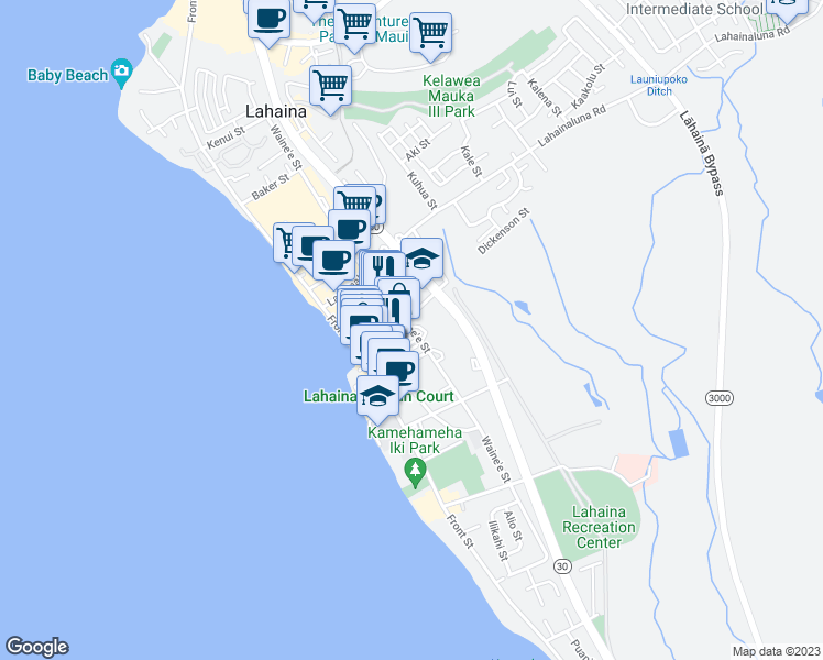 map of restaurants, bars, coffee shops, grocery stores, and more near Waine'e Street in Lahaina
