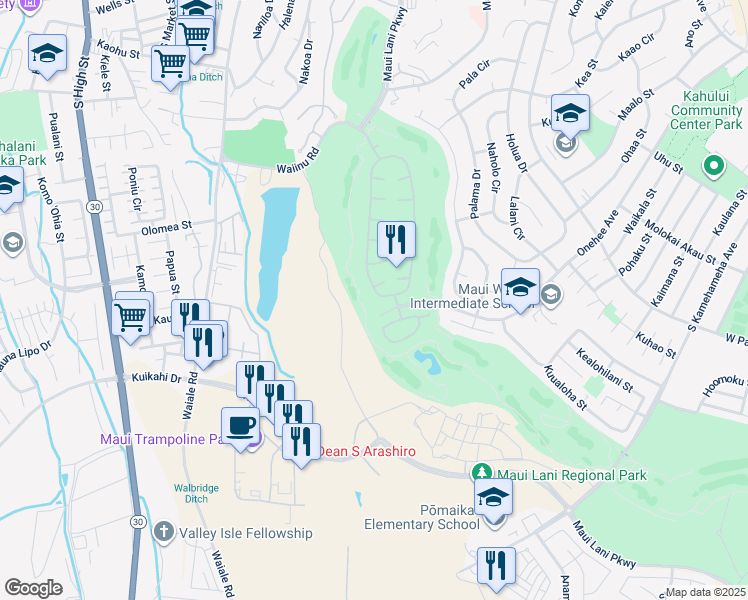 map of restaurants, bars, coffee shops, grocery stores, and more near 273 Kamalei Circle in Kahului