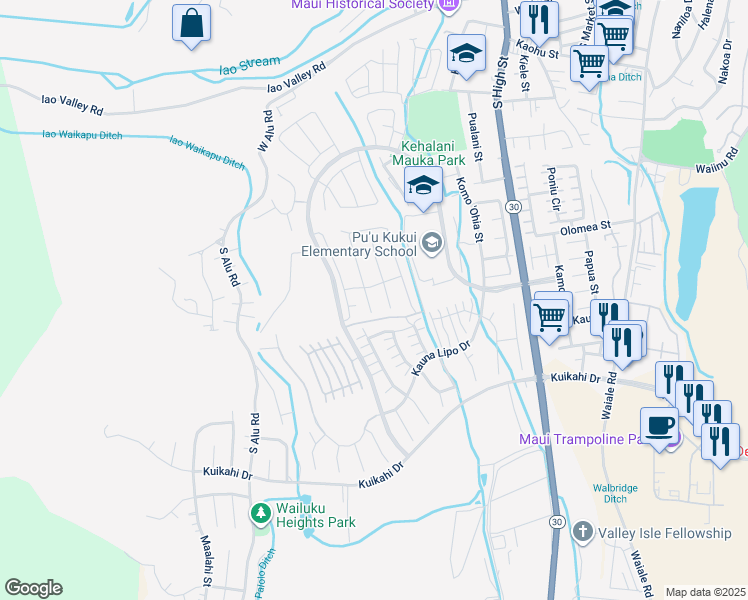 map of restaurants, bars, coffee shops, grocery stores, and more near 34 Palaa Place in Wailuku